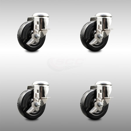 Service Caster 4 Inch 316SS Hard Rubber Wheel Swivel Bolt Hole Caster Set with Brake SCC SCC-SS316BH20S414-HRS-TLB-4